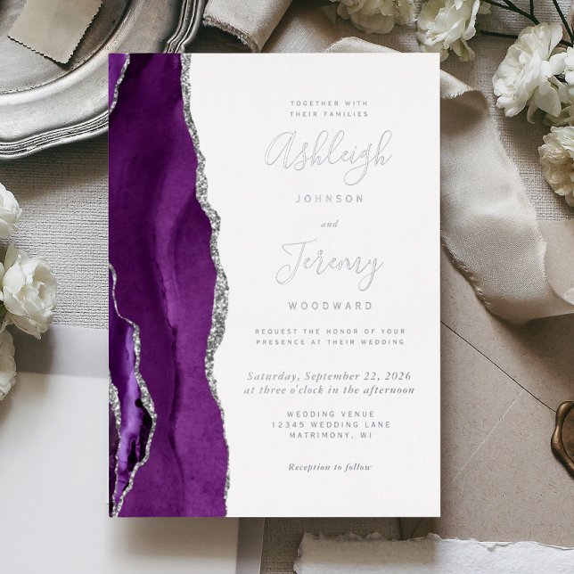 Modern Silver Purple Agate Wedding Foil Invitation (Creator Uploaded)