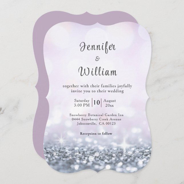 Modern Silver Purple Glitter Script Wedding Invitation (Front/Back)