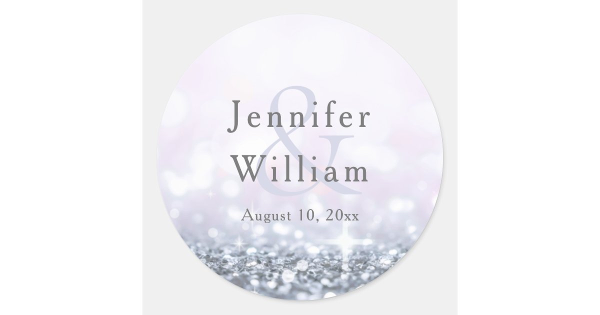 Modern Silver Purple Glitter Wedding Classic Round Sticker | Zazzle