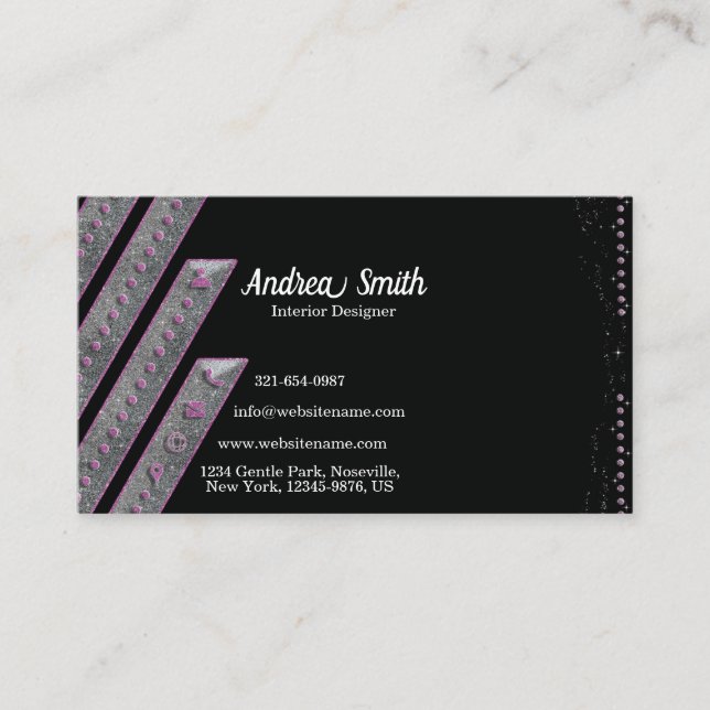 Modern Silver Purple Pink Shiny Metallic Glitters Business Card (Front)