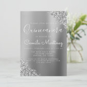Modern Silver Quinceanera Glitter Party Invitation (Standing Front)