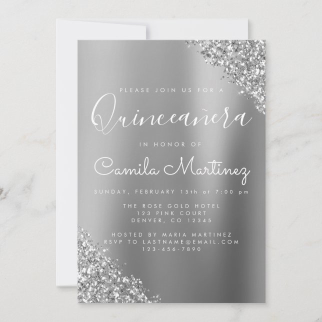 Modern Silver Quinceanera Glitter Party Invitation (Front)