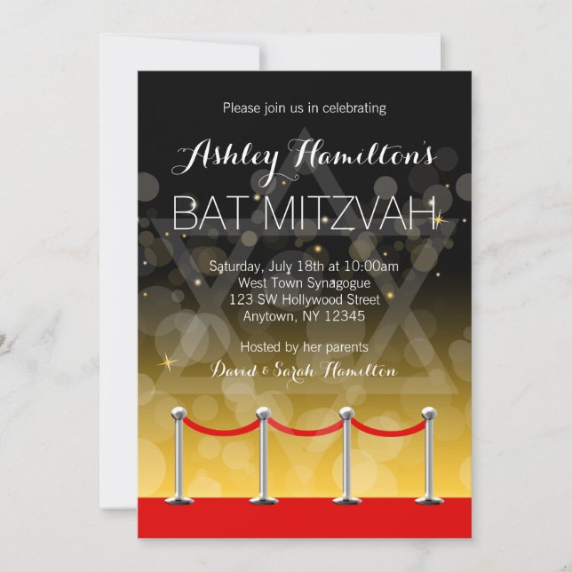Modern Silver Red Carpet Hollywood Bat Mitzvah Invitation (Front)