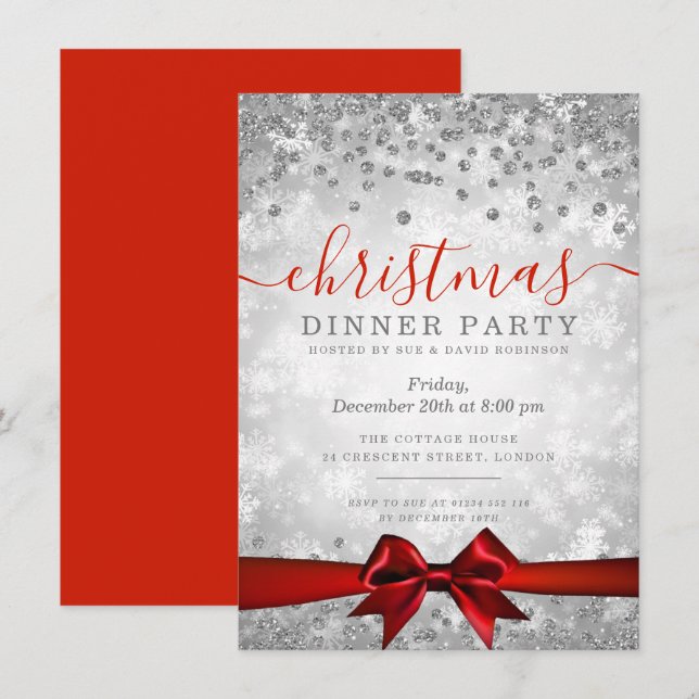 Modern Silver Red Christmas Glitter Winter Invitation (Front/Back)