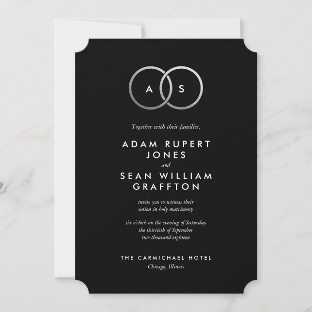Modern Silver Rings Black Wedding Invitation (Front)