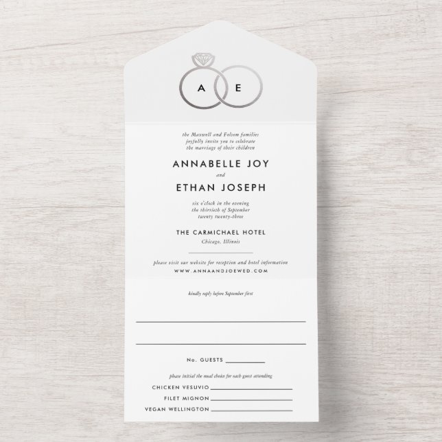 Modern Silver Rings White Wedding All In One Invitation (Inside)
