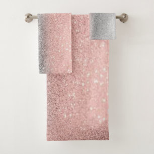 Modern Silver Rose Gold Glitter Ombre Bath Towel Set