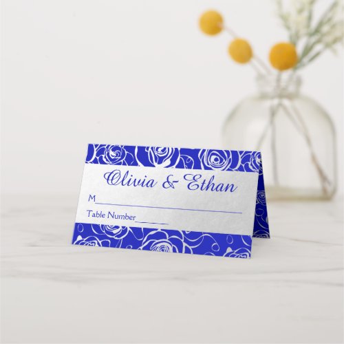 Modern Silver Roses on Royal Blue Place Card