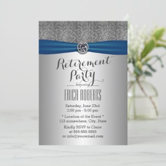 Modern Silver Royal Blue Ribbon Retirement Party Invitation | Zazzle