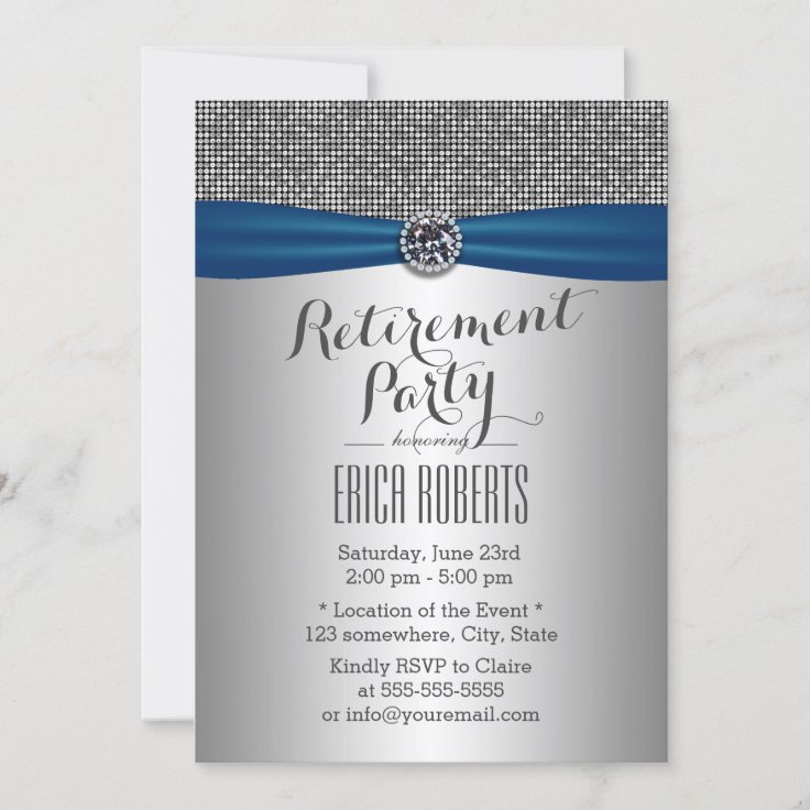 Modern Silver Royal Blue Ribbon Retirement Party Invitation | Zazzle