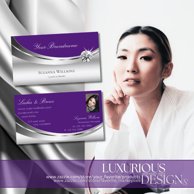 Modern Silver Royal Purple with Photo and Diamond Business Card (Creator Uploaded)