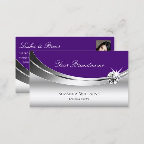 Modern Silver Royal Purple with Photo and Diamond Business Card