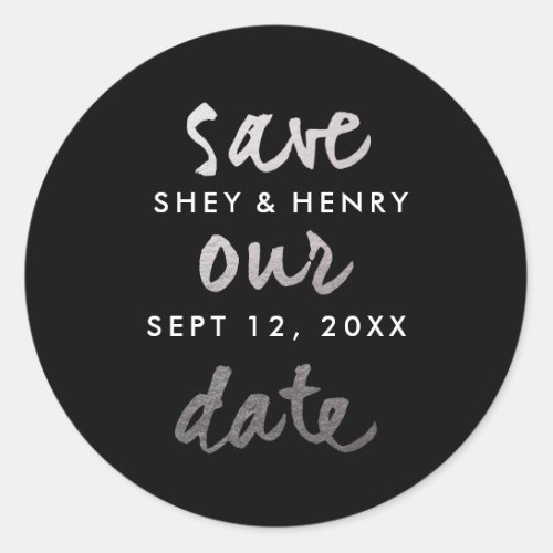 Modern silver save the date classic round sticker