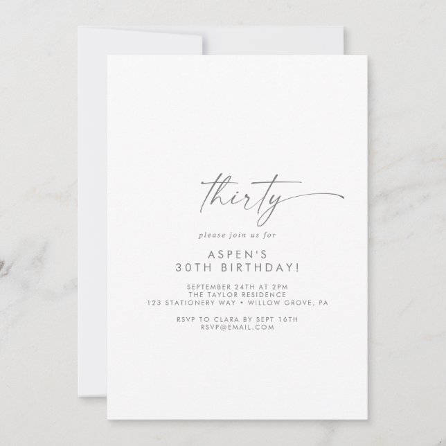 Modern Silver Script 30th Birthday Party Invitation (Front)