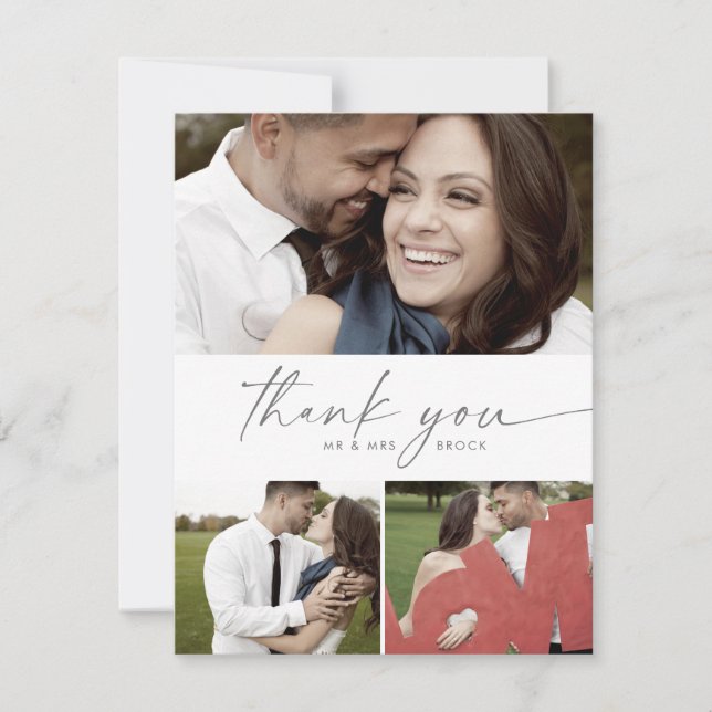 Modern Silver Script 3 Photo Collage Wedding Thank You Card (Front)