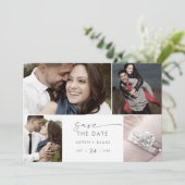 Modern Silver Script 4 Photo Collage Save The Date (Standing Front)