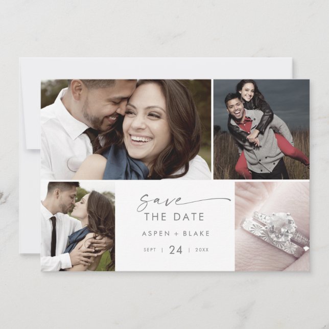 Modern Silver Script 4 Photo Collage Save The Date (Front)