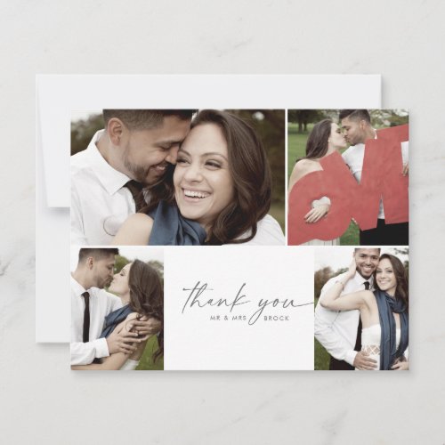 Modern Silver Script 4 Photo Collage Wedding Thank You Card