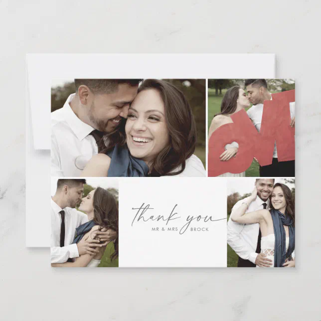 Modern Silver Script 4 Photo Collage Wedding Thank You Card | Zazzle