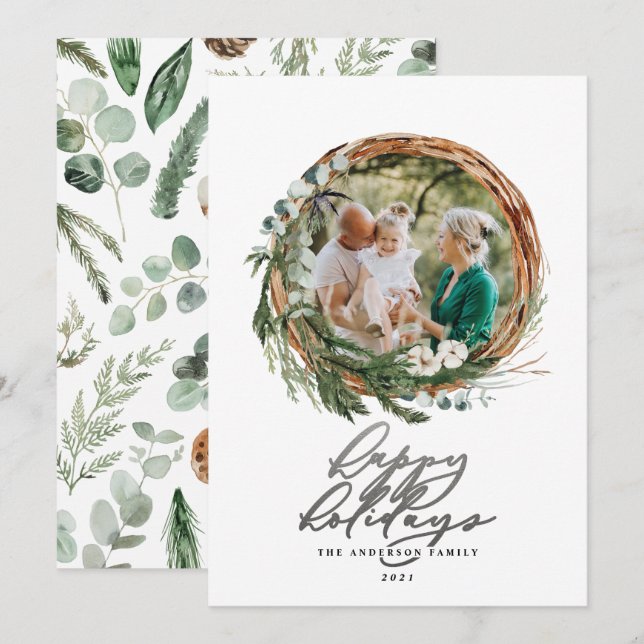 Modern silver script botanical 1 photo Christmas Holiday Card (Front/Back)