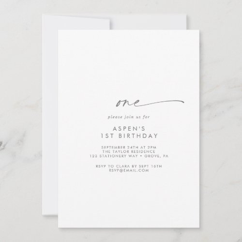 Modern Silver Script First Birthday Party Invitation