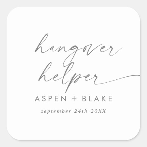 Modern Silver Script Hangover Helper Wedding Favor Square Sticker