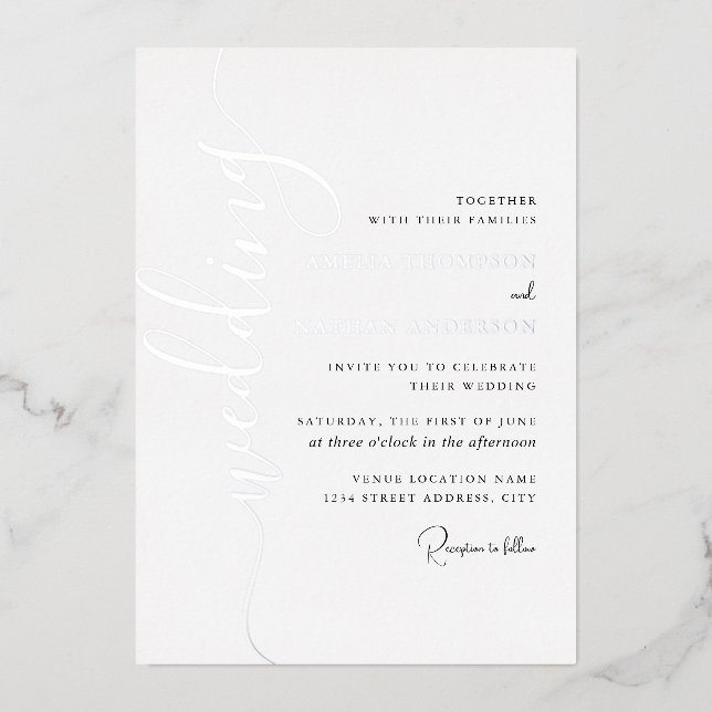 Modern Silver Script Wedding  Foil Invitation (Front)