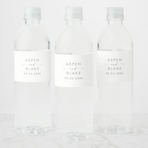 Modern Silver Script Wedding Water Bottle Label
