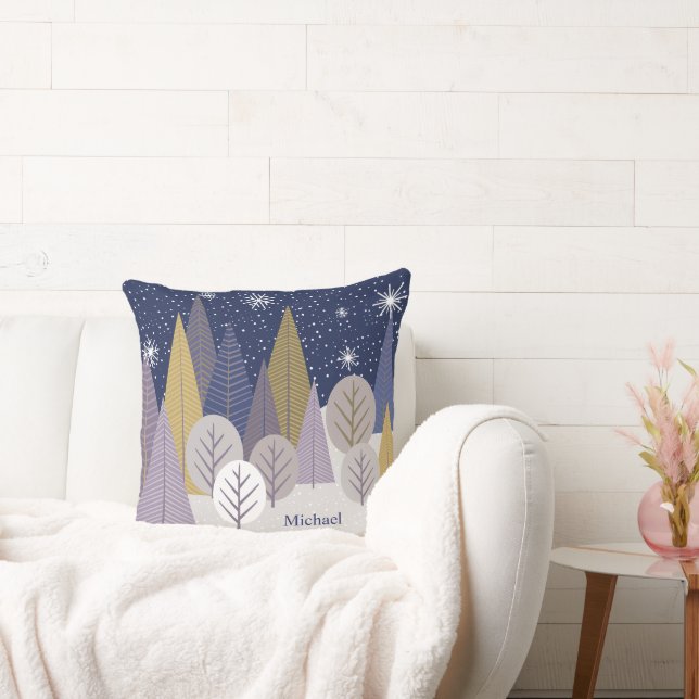 Modern Silver Snow and Purple Geometric Wood Throw Pillow (Couch)