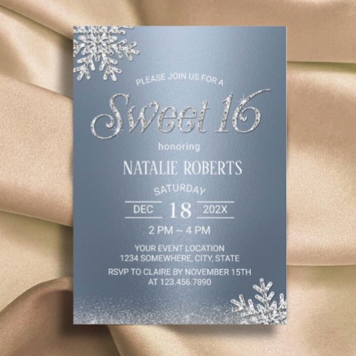 Modern Silver Snowflake Dusty Blue Winter Sweet 16 Invitation