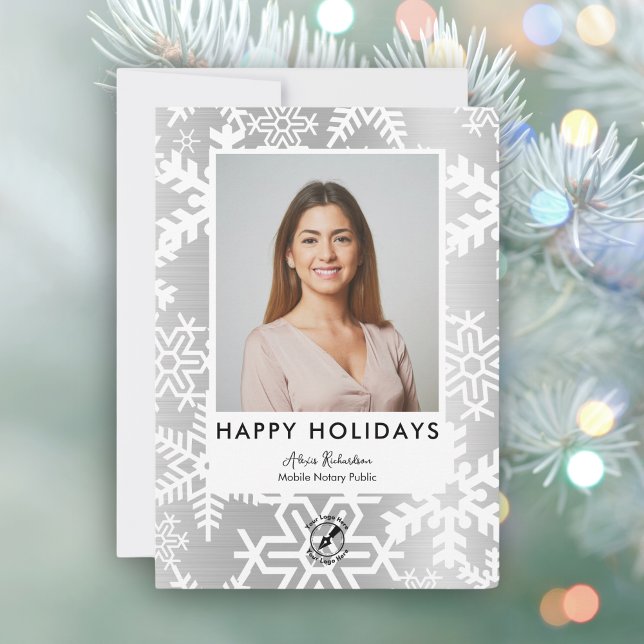Modern Silver Snowflake Notary  Holidays Photo  Holiday Card (Creator Uploaded)