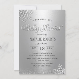 Modern Silver Snowflakes Winter Baby Shower Invitation