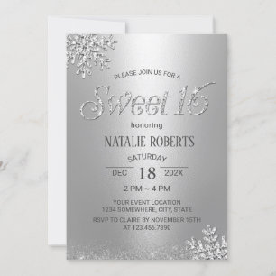 Modern Silver Snowflakes Winter Sweet 16 Birthday Invitation