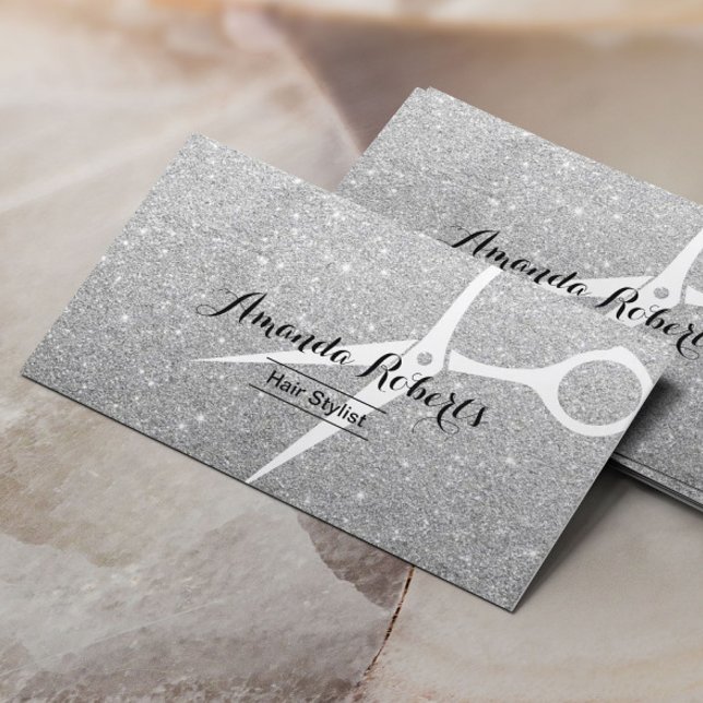 Modern Silver Sparkle Hair Stylist Business Card (Creator Uploaded)