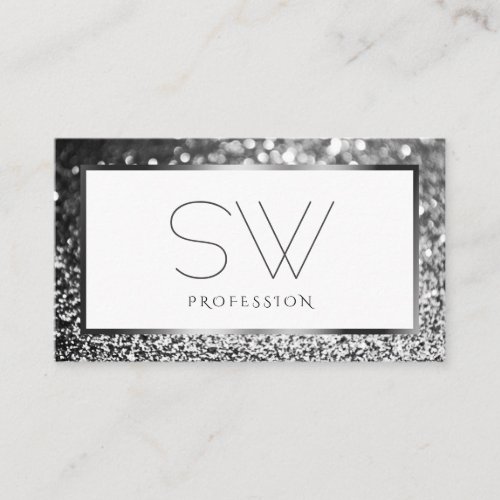 Modern Silver Sparkling Glitter on White Monogram  Business Card