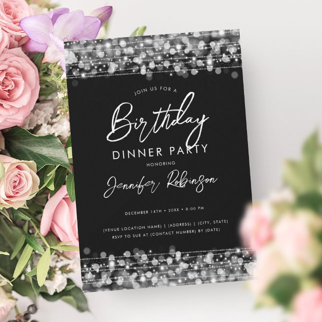 Modern Silver String Lights Birthday Dinner Party  Invitation (Modern Silver String Lights Birthday Dinner Party Invitation)