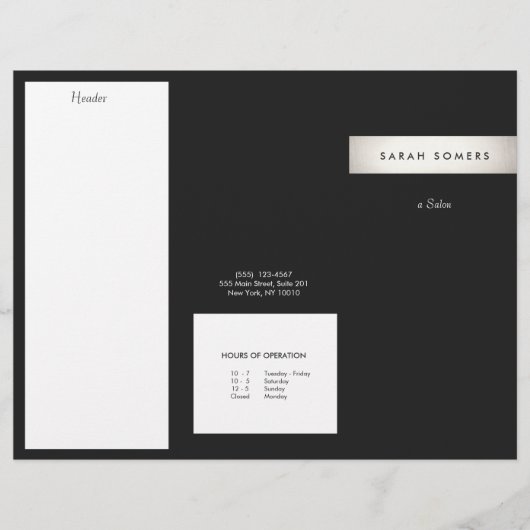 Modern Silver Stripe Black Salon Trifold Brochure (Front)
