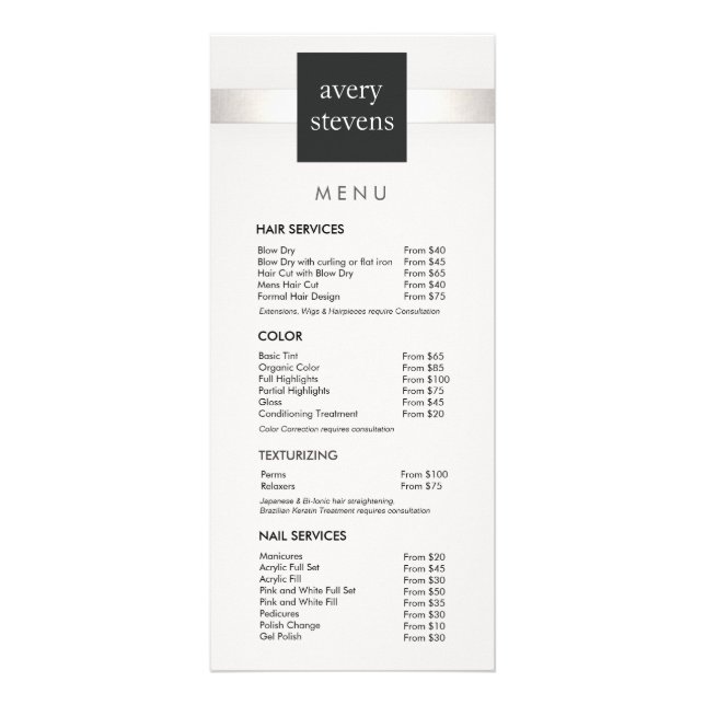 Modern Silver Striped Black and White Salon Menu (Front)