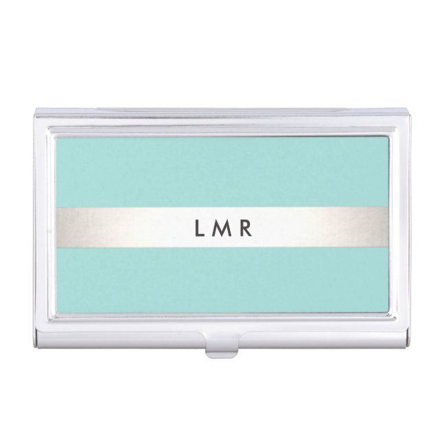 Modern Silver Striped Professional Monogram Aqua Case For Business Cards (Front)