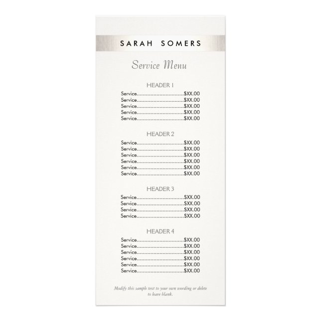 Modern Silver Striped Salon White Price List Menu (Front)