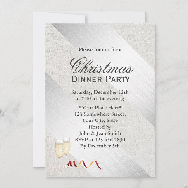 Modern Silver Stripes Classy Linen Christmas Party Invitation (Front)