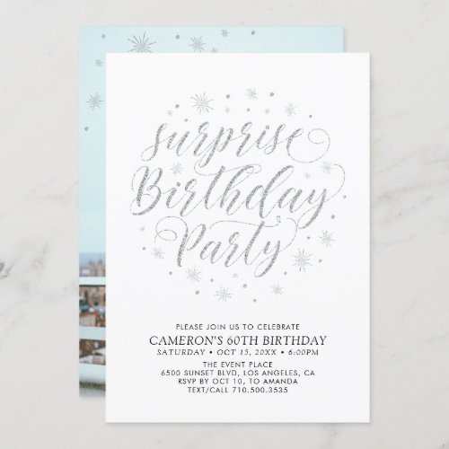 Modern Silver Surprise Photo Adult Birthday Party Invitation