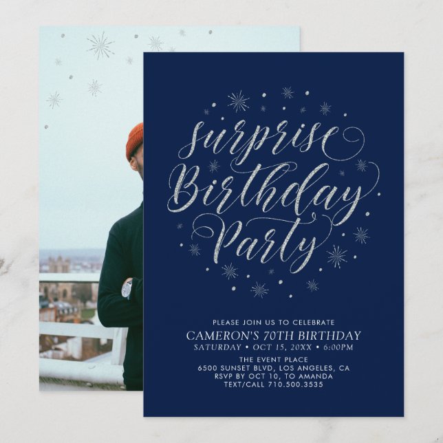 Modern Silver Surprise Photo Adult Birthday Party Invitation (Front/Back)