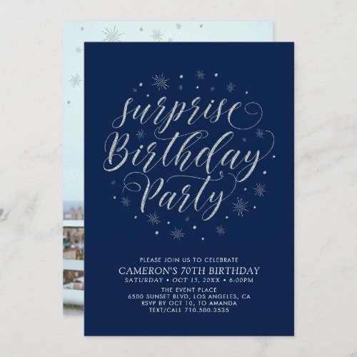 Modern Silver Surprise Photo Adult Birthday Party Invitation