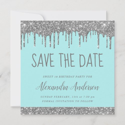 Modern Silver Teal Glitter Sweet 16 Save the Date Invitation