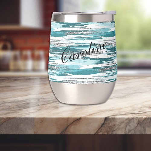 Modern Silver Teal Paint Brush Strokes  Thermal Wine Tumbler