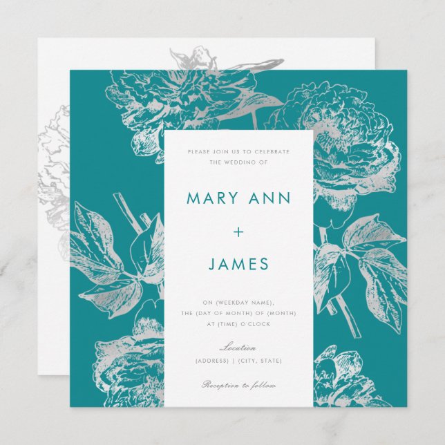 Modern Silver Teal Wedding Simple Floral Invitation (Front/Back)