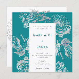 Modern Silver Teal Wedding Simple Floral Invitation