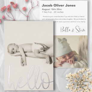 Modern Silver Text Hello Photo Baby Announcement