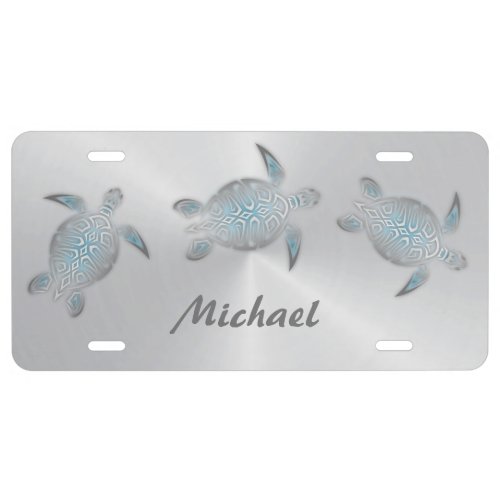 Modern Silver Turquoise Sea Turtles Personalize License Plate
